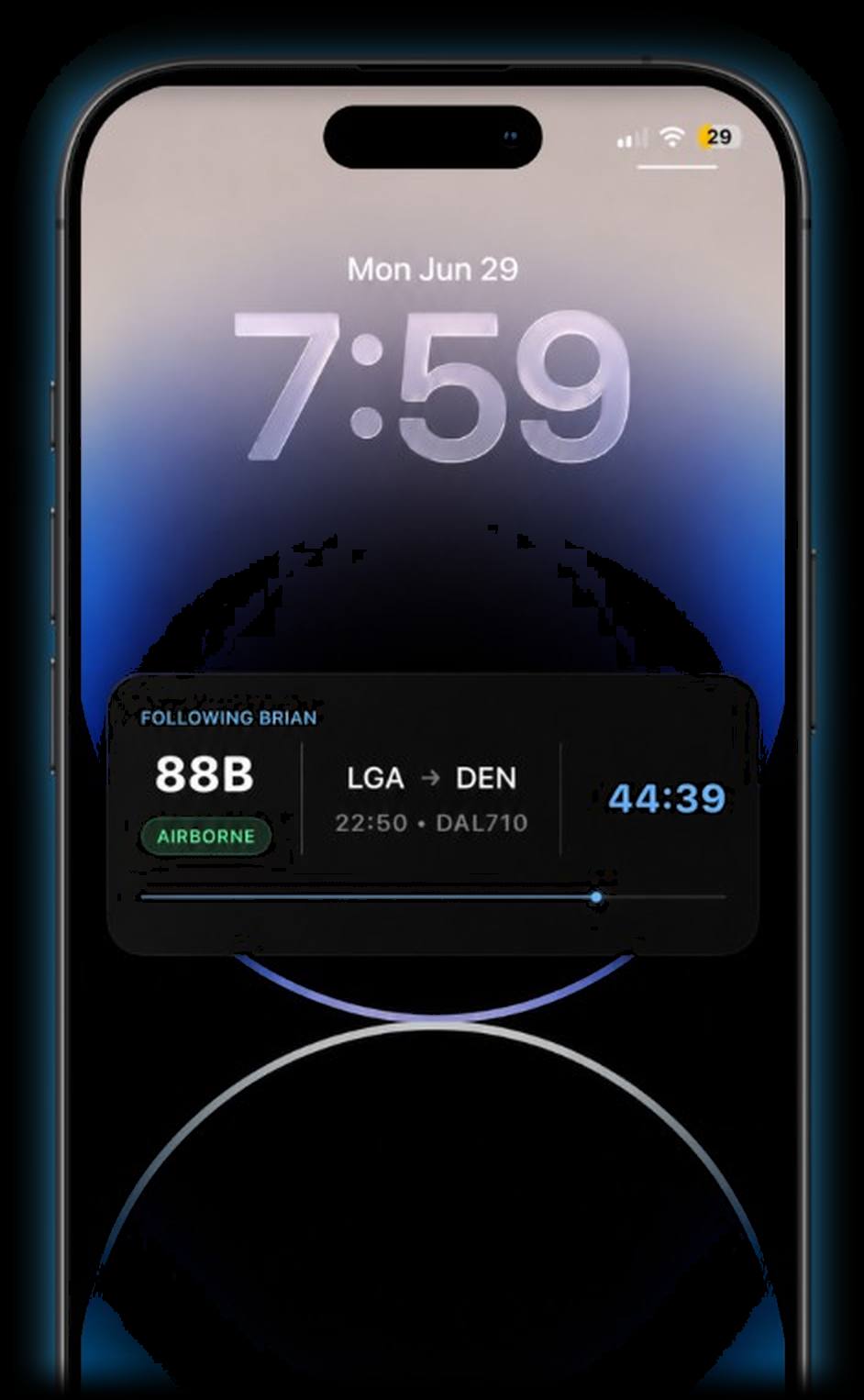 Lock Screen Live Activity for a loved one following a flight from LGA to DEN