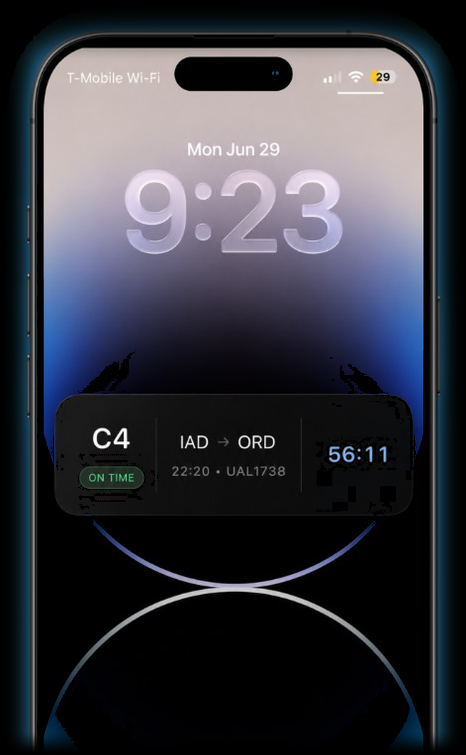 Aerflow Live Activity on the iPhone Lock Screen showing gate C4, IAD to ORD, and a countdown
