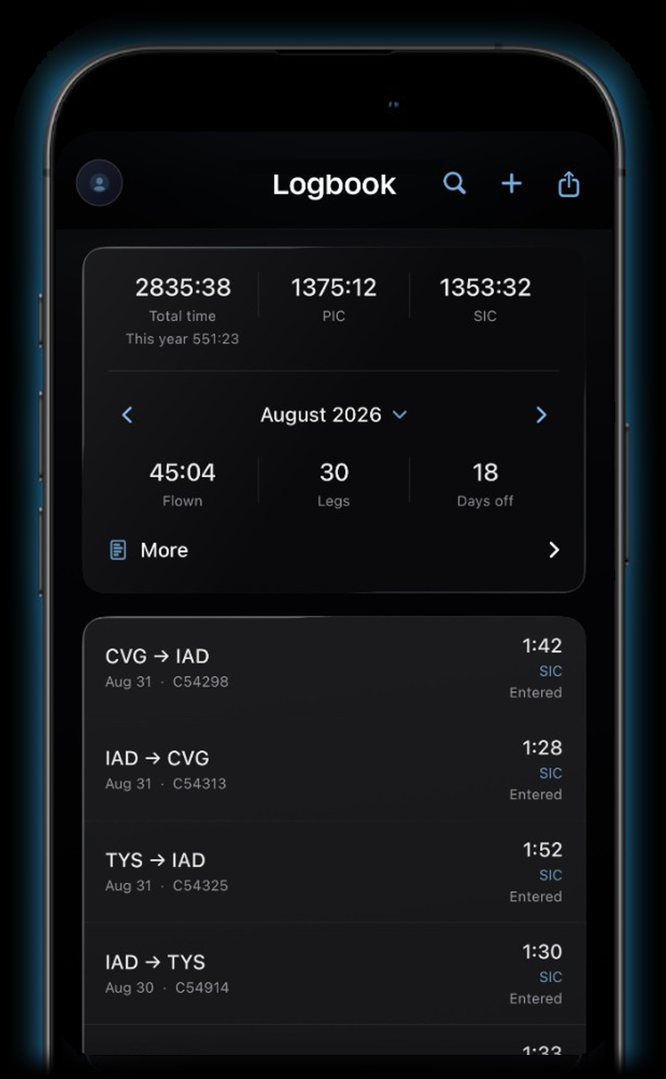 Aerflow logbook showing career total time, PIC and SIC hours, and monthly flight entries