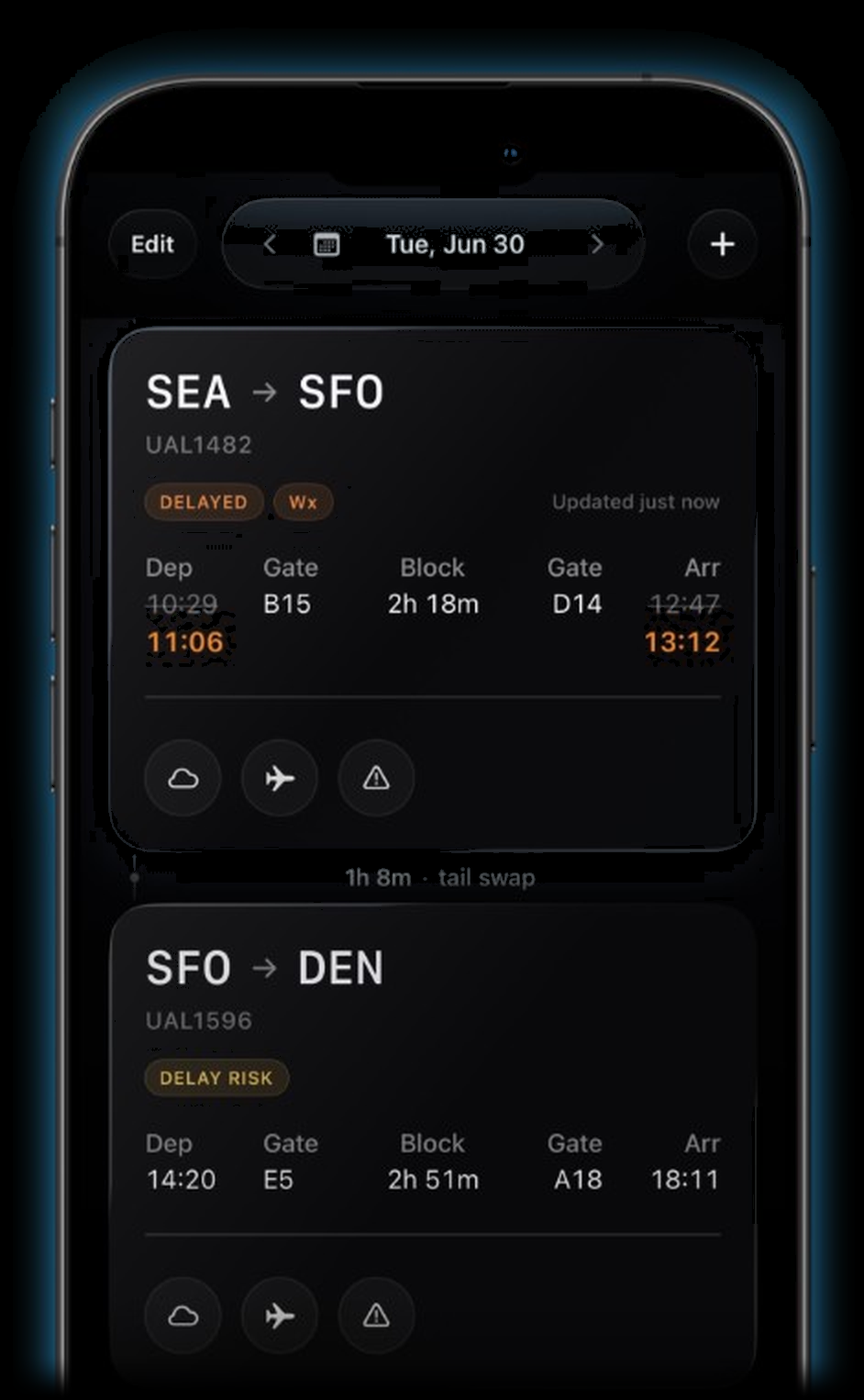 Aerflow delayed flight cards for SEA to SFO and SFO to DEN with revised times and gates