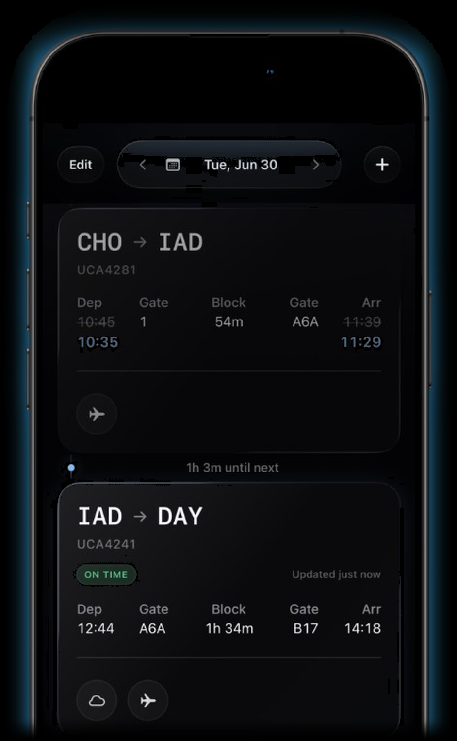 Aerflow schedule on iPhone, showing CHO to IAD and IAD to DAY flight cards