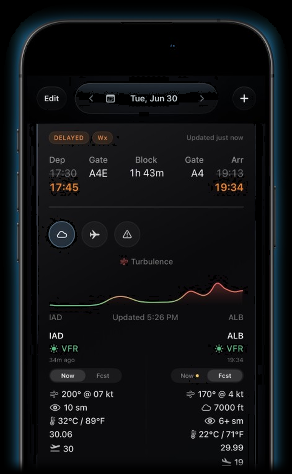 Aerflow aviation weather with turbulence line and departure and arrival METARs